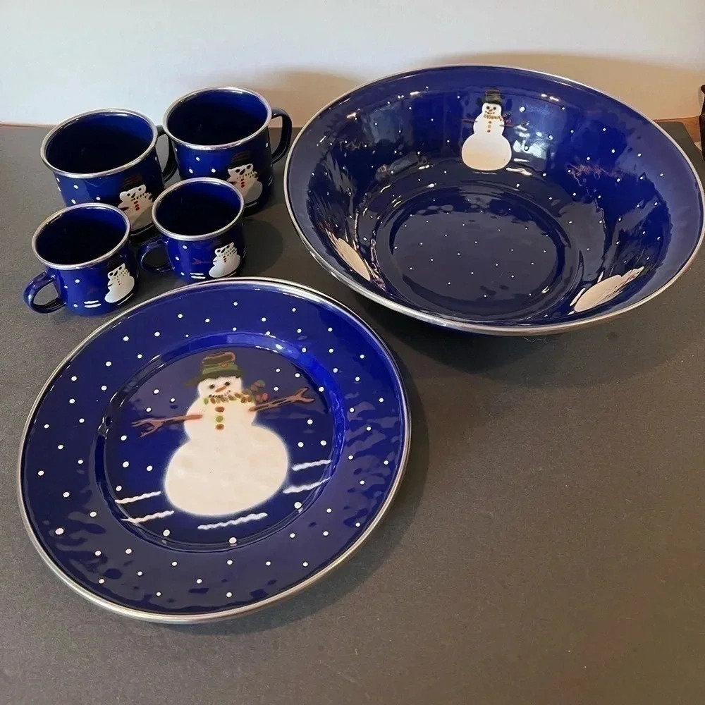 Golden Rabbit II Snowman Denise S. Harvey Blue Enamelware Lot Of (8) Eight